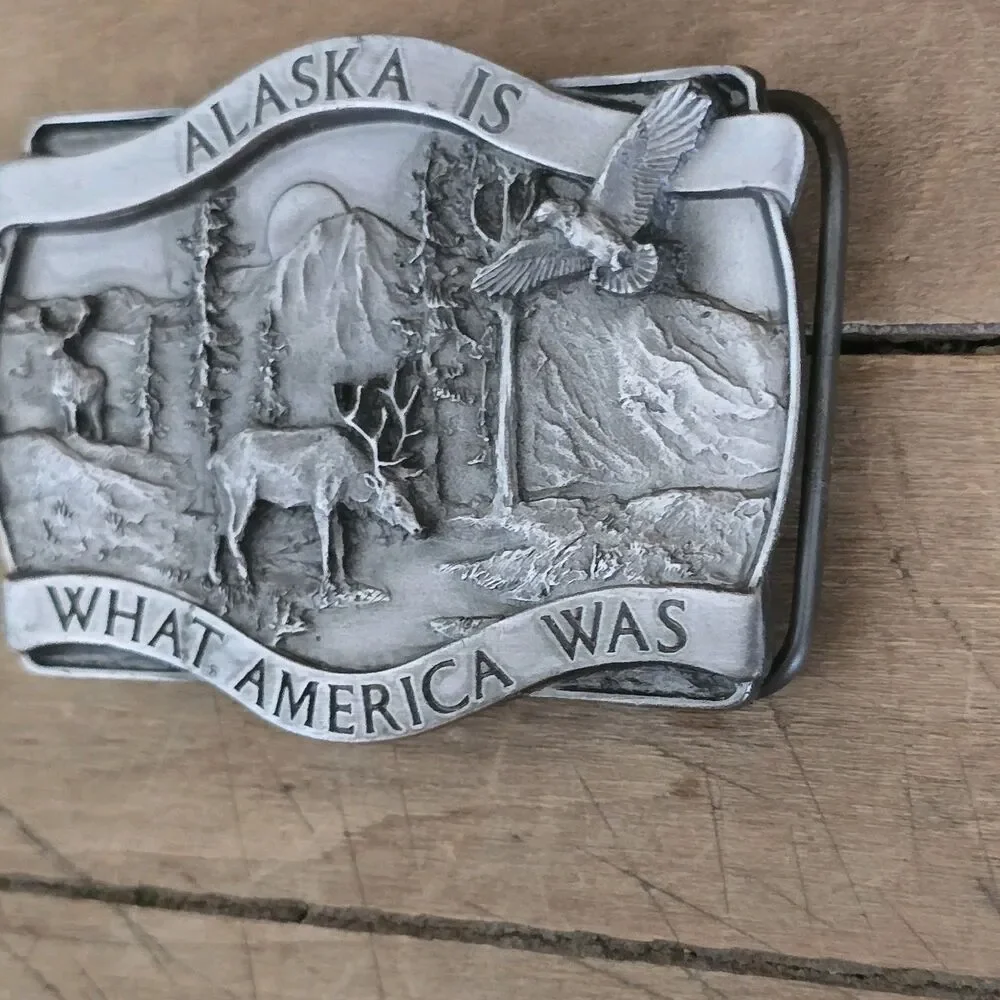 Alaska Is What America Was Belt Buckle Pewter 1981 Siskiyou / Bergamot Brass